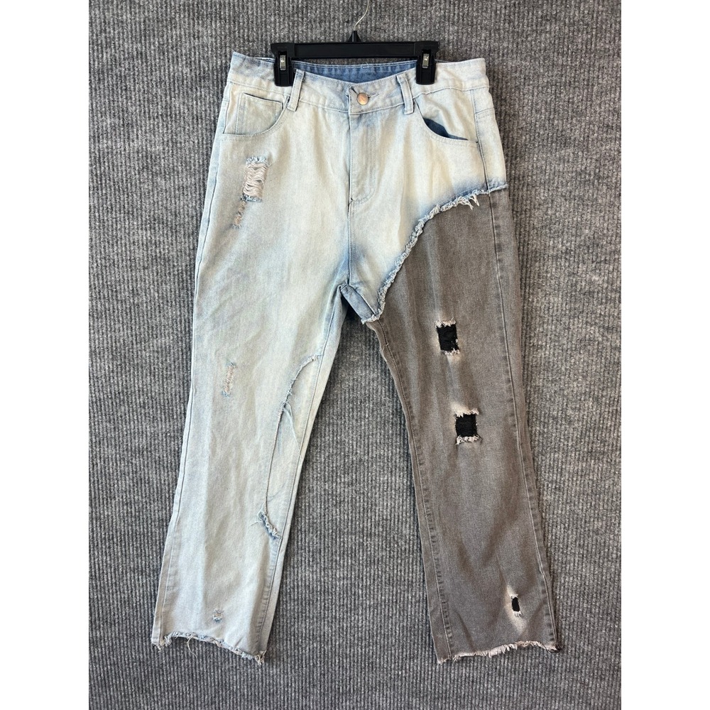 Two Tone Patchwork Jeans Womens 30 Distressed Straight Leg Grunge Denim Grey
